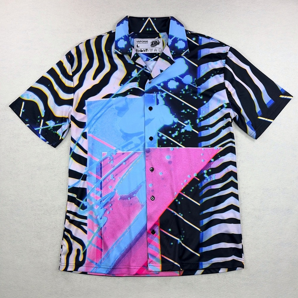 Vapor95 Mens Large Short Sleeve Button Up Shirt Neon Retro Vaporwave Graphic L